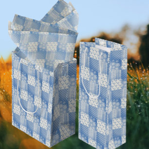 Vintage-Look Jeansblau Cremeweiß Patchwork  Geschenktüte Für Weinflaschen