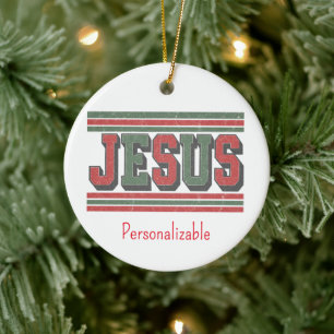 Vintage-Look Varsity-Buchstaben JESUS Rot Grün Chr Keramik Ornament