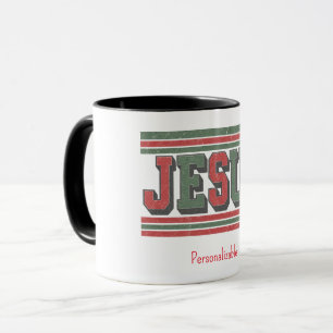 Vintage-Look Varsity-Buchstaben JESUS Rot Grün Chr Tasse