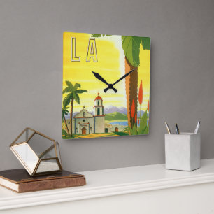 Vintage Los Angeles, Kalifornien Mission mit Palme Quadratische Wanduhr