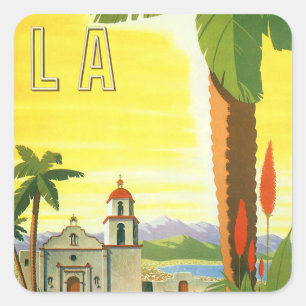 Vintage Los Angeles, Kalifornien Mission mit Palme Quadratischer Aufkleber