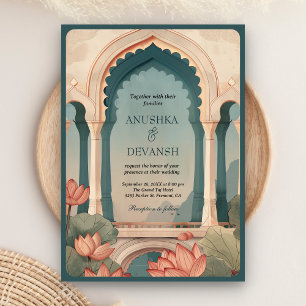 Vintage-Lotos-Blumenbogen Indische QR-Code-Hochzei Einladung