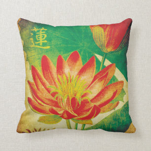Vintage Lotus-Blume mit Kanji Kissen