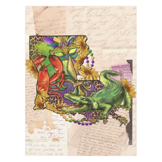 Vintage Louisiana Karte Cajun Crawfish und Alligat Tischdecke (Vorderseite)