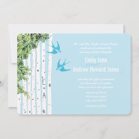 Vintage Love Bird Birch Tree Einladung Hochzeit (Vorderseite)