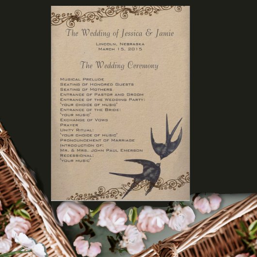 Vintage Love Bird Navy Hochzeitsprogramm Programm