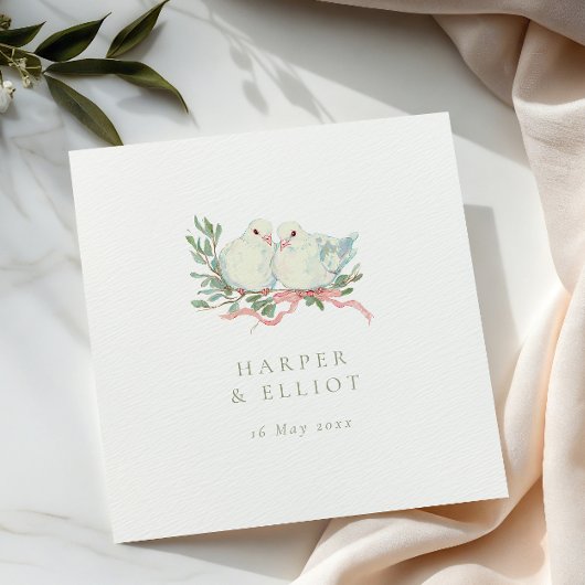 Vintage Love Birds & Bow Sage & Pink Wedding Serviette