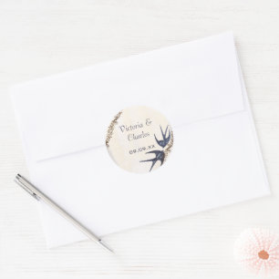 Vintage Love Birds Navy Hochzeitsaufkleber Runder Aufkleber