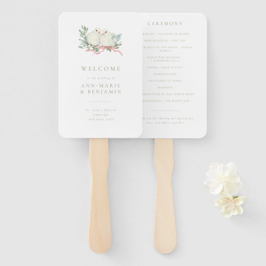 Vintage Love Birds Sage & Pink Wedding Program Fächer (Vorne und Hinten)