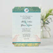 Vintage Lovebirds Lagoon Endive Wedding Einladung (Stehend Vorderseite)