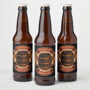 Vintage-Löwe-Eiche-Fass personalisierte Brauerei B Bierflaschenetikett