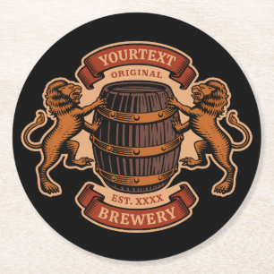 Vintage-Löwe Eichenfass personalisierte Brauerei B Runder Pappuntersetzer