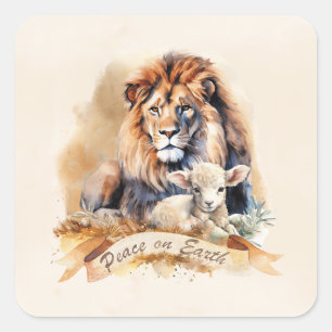 Vintage Löwe und Lamm Weihnachtskarten Quadratischer Aufkleber
