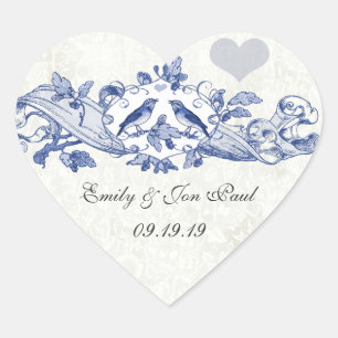 Vintage Lucky Bluebirds Navy Hochzeitsaufkleber Herz-Aufkleber