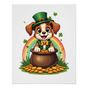 Vintage Lucky Leprechaun Welpe Regenbogen Goldtopf Poster