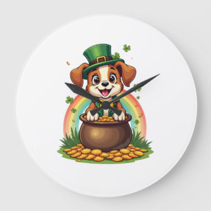 Vintage Lucky Leprechaun Welpe Regenbogen Topf mit Große Wanduhr