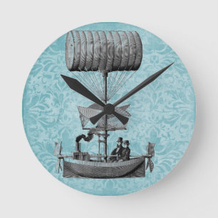 Vintage Luftboot Blauer Damast Runde Wanduhr