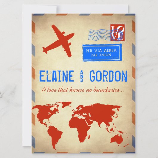 Vintage Luftpost-Hochzeits-Einladung: Beunruhigt Einladung (Vorderseite)