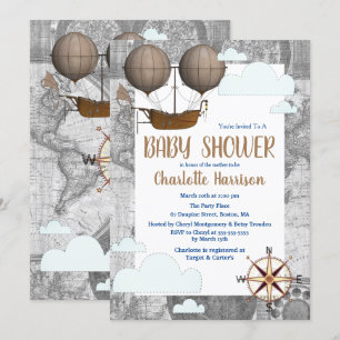 Vintage Luftschiff & Wolken Welt Reise Babyparty Einladung