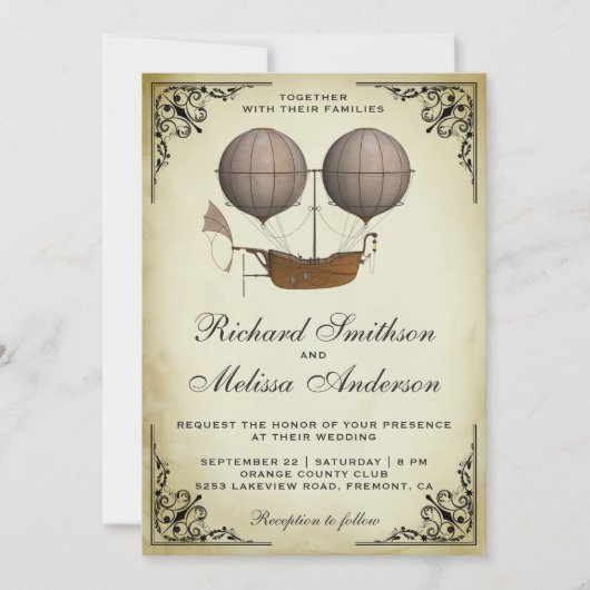 Vintage Luftschifffahrt Heißluftballon Hochzeit Ei Einladung (Vorderseite)