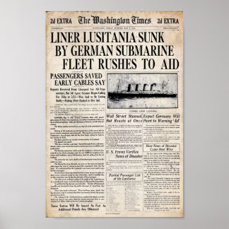 Vintage Lusitania Sinking Newspaper Schlagzeile Poster