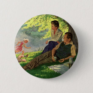 Vintage lustige Familienpicknick unter einem schat Button