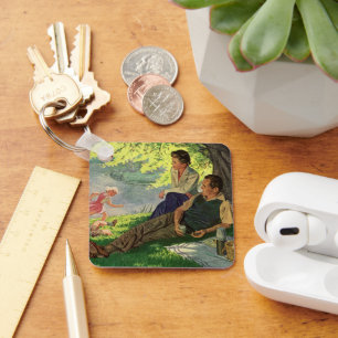 Vintage lustige Familienpicknick unter einem schat Schlüsselanhänger