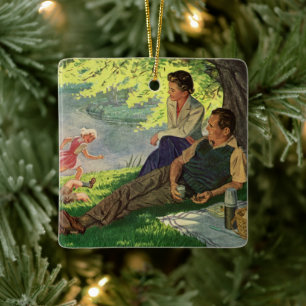 Vintage lustige Familienspicknick unter einem scha Keramikornament