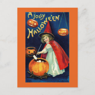 Vintage lustige Halloween-Mädchen-Hexe Postkarte