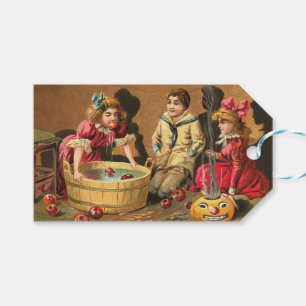 Vintage lustige Kinder Bobfahren für Äpfel im Part Geschenkanhänger