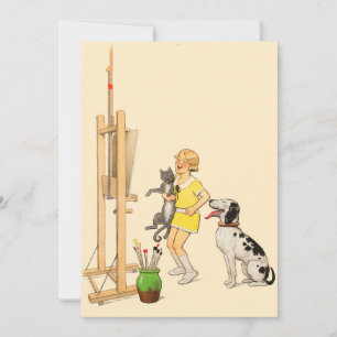 Vintage Lustige Mädchen, Hund Katze Druck Georges  Einladung