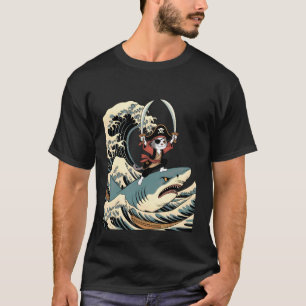 Vintage lustige Piratenkatze reitet auf einem Hai T-Shirt