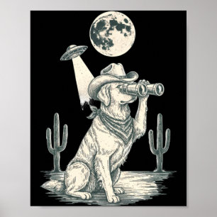 Vintage lustiger Golden Retriever UFO Western Cowb Poster