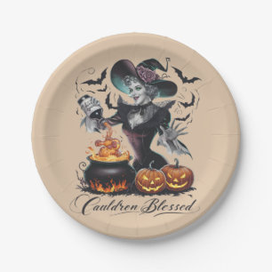 Vintage Lustiger Hexenkessel Gesegnet Halloween Pappteller