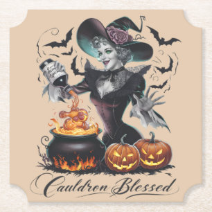 Vintage lustiger Hexenkessel gesegnet Halloween Untersetzer