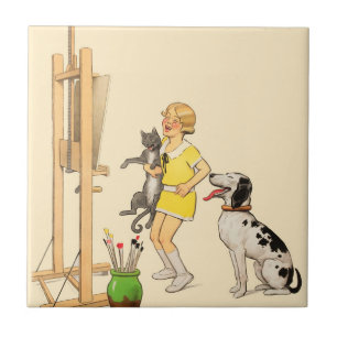 Vintage Lustiges Mädchen, Hund Katze Druck Georges Fliese