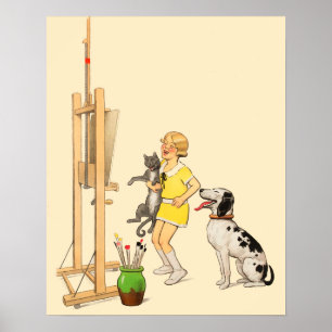 Vintage Lustiges Mädchen, Hund Katze Druck Georges Poster