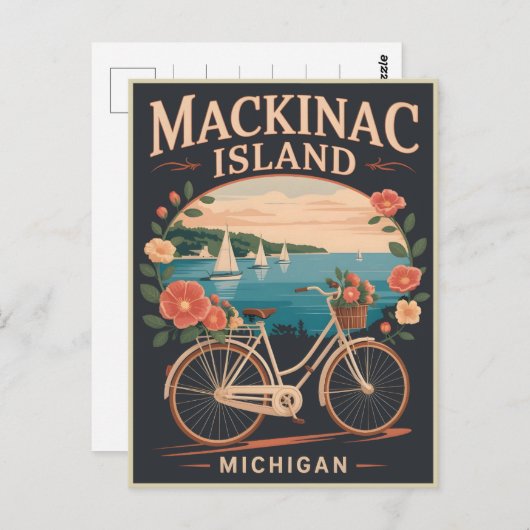 Vintage Mackinac Insel Michigan mit Fahrrad-Blume Postkarte (Vorne/Hinten)