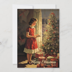 Vintage-Mädchen an einem Weihnachtsbaum mit Gesche Feiertagskarte