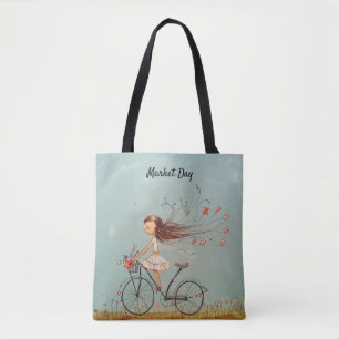 Vintage Mädchen auf Fahrrad Blumenmarkt Tasche