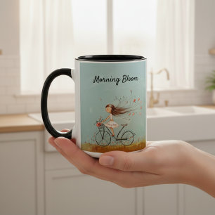 Vintage Mädchen auf Fahrrad personalisierte Blumen Zweifarbige Tasse