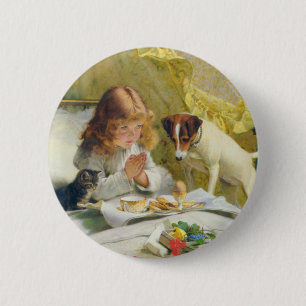 Vintage Mädchen beim Gebet mit Katze und Hund Art Button