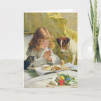 Vintage Mädchen beim Gebet mit Katze und Hund Art