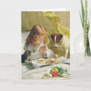 Vintage Mädchen beim Gebet mit Katze und Hund Art  Feiertagskarte
