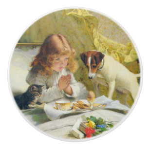 Vintage Mädchen beim Gebet mit Katze und Hund Art Keramikknauf