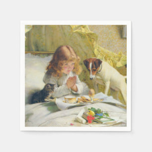 Vintage Mädchen beim Gebet mit Katze und Hund Art Serviette