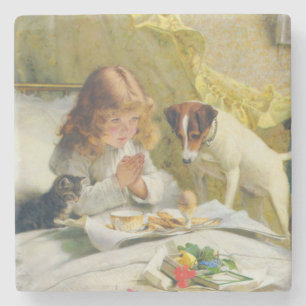 Vintage Mädchen beim Gebet mit Katze und Hund Art Steinuntersetzer
