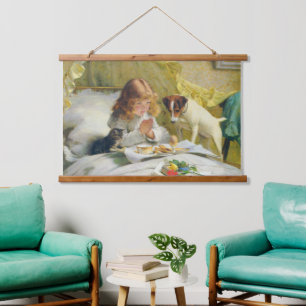 Vintage Mädchen beim Gebet mit Katze und Hund Art Wandteppich Mit Holzrahmen