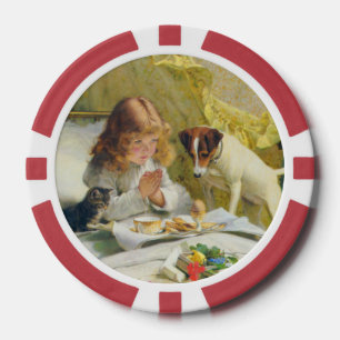 Vintage Mädchen beim Gebet mit Katze und Hund Kuns Pokerchips