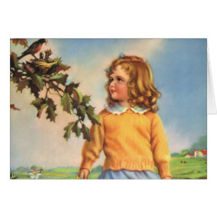 Vintage Mädchen beobachten Vögel in einem Baum, Fr